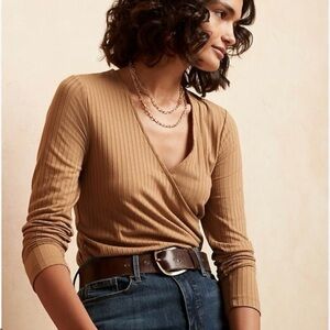 Banana Republic Camel Ribbed Long Sleeve Wrap Top